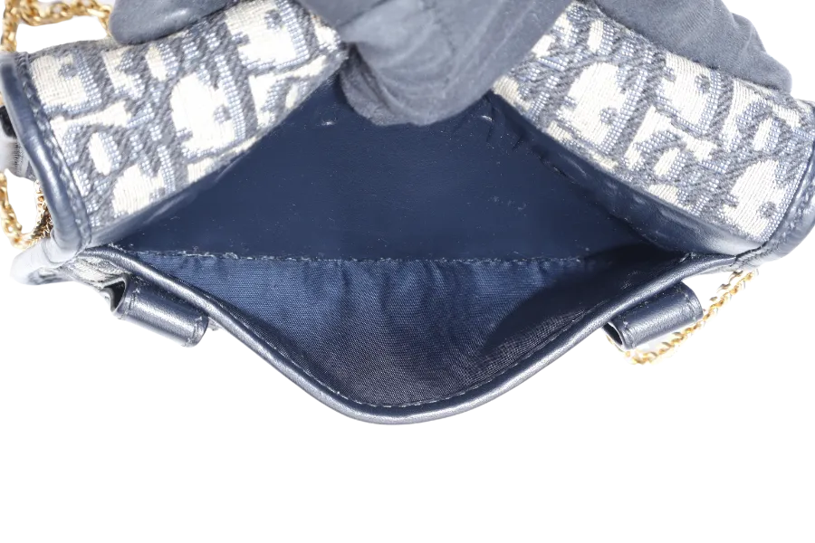 CHRISTIAN DIOR MONTAIGNE 2 IN 1/W.O.C BLUE NAVY OBLIQUE JACQUARD GOLD HARDWARE WITH CHAIN STRAPS, LEATHER STRAPS , DUST COVER AND BOX
