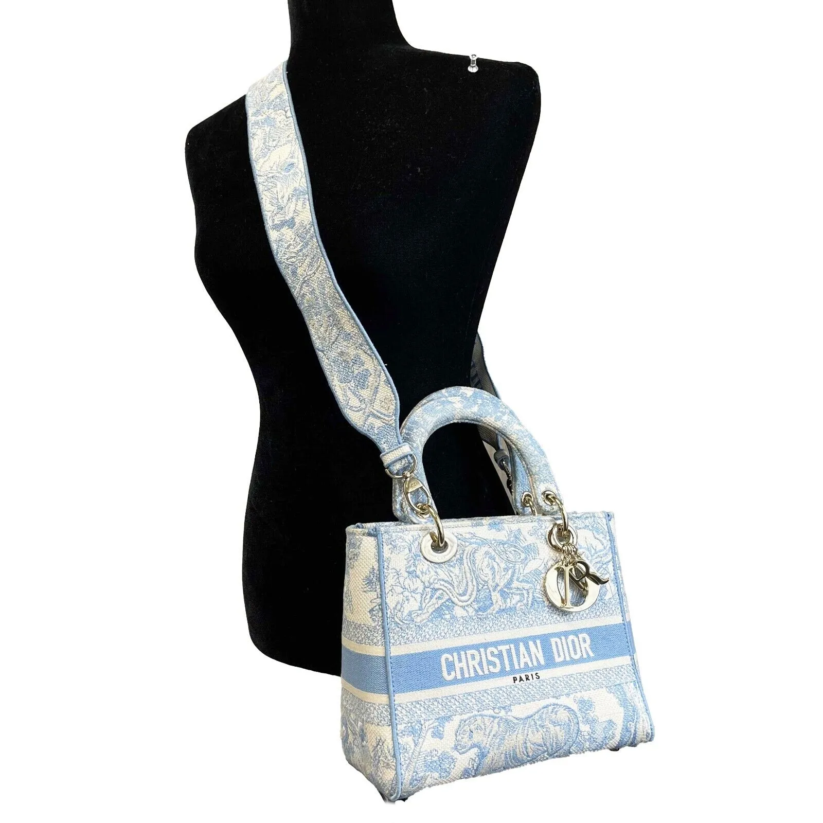 Christian Dior Toile de Jouy Lady D-Lite Bag Embroidered Canvas Cornflower Blue