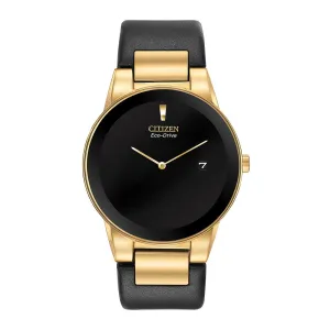 Citizen Axiom Mens Eco Drive Gold Tone Black Leather Strap Watch