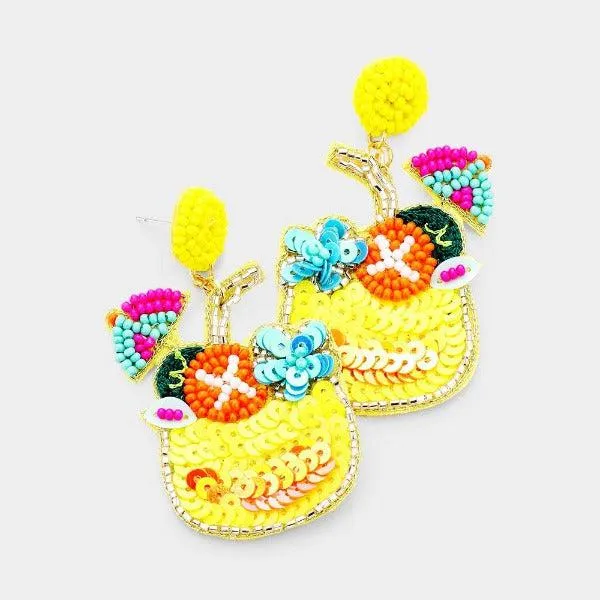 Cocktail Yellow Seed Bead Felt Back Earrings