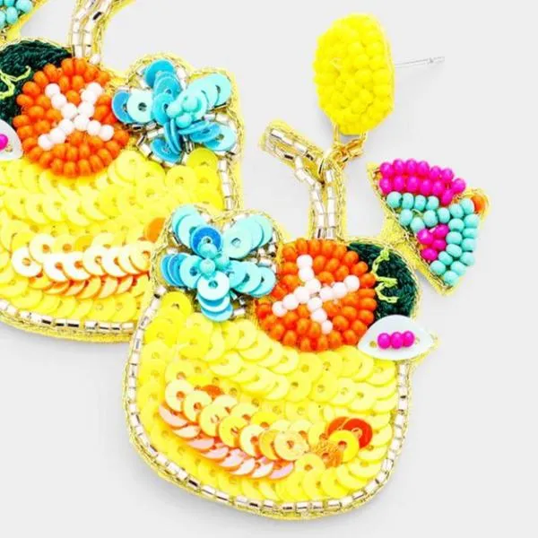 Cocktail Yellow Seed Bead Felt Back Earrings