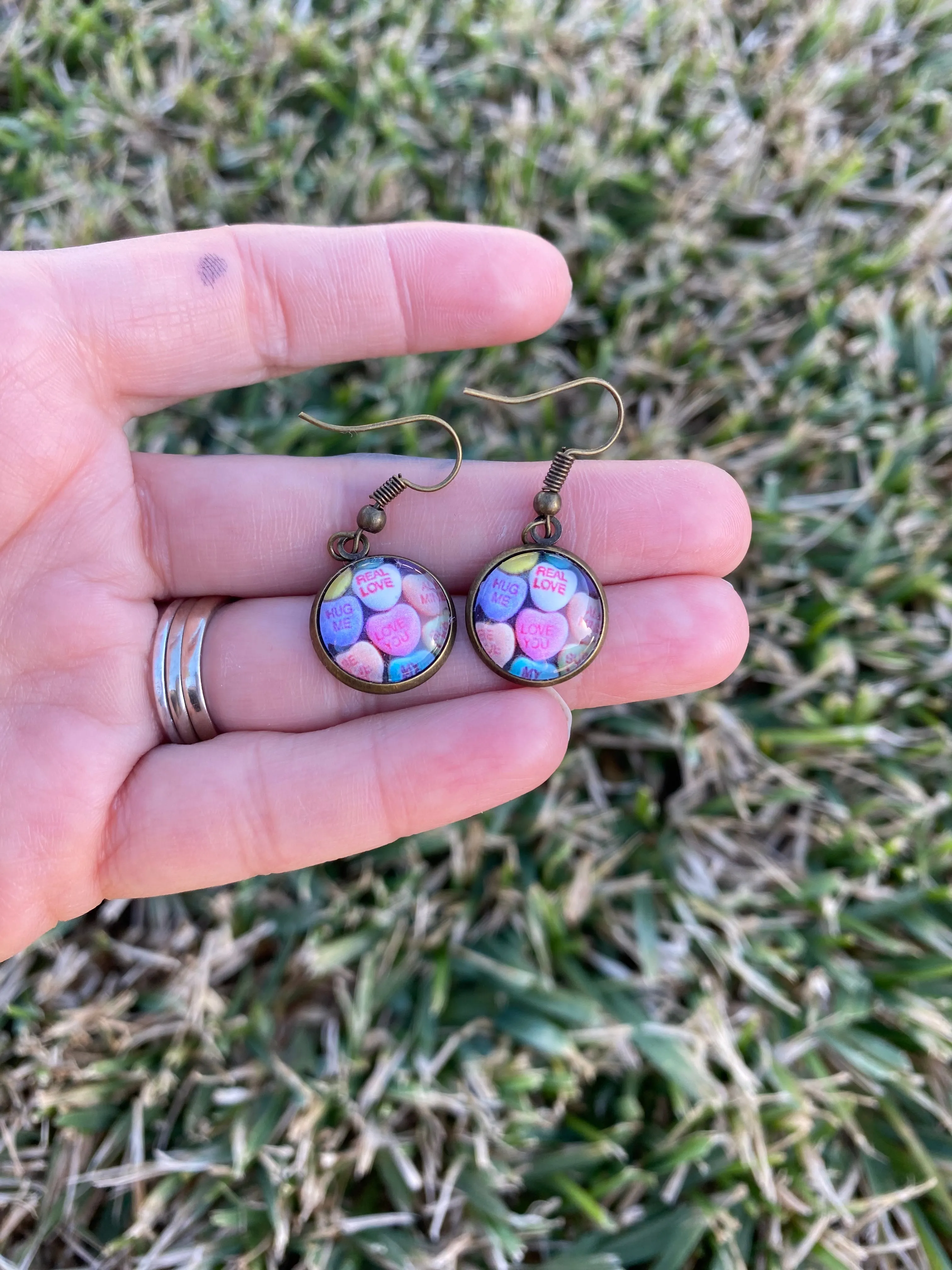Conversation Valentine Hearts Bronze Dangle Earrings