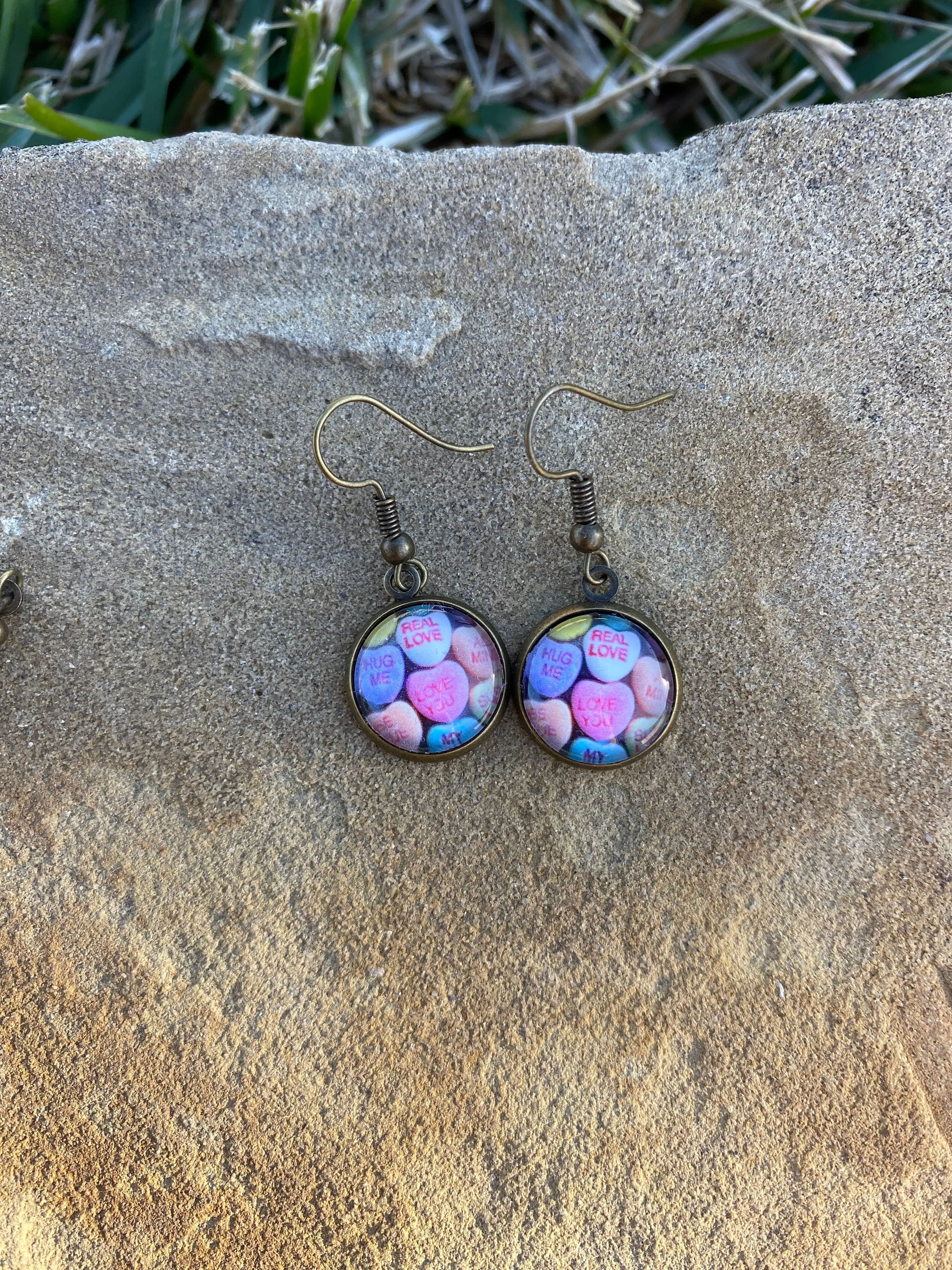 Conversation Valentine Hearts Bronze Dangle Earrings