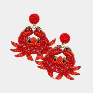 Crab Red Seed Beaded Dangle Earrings