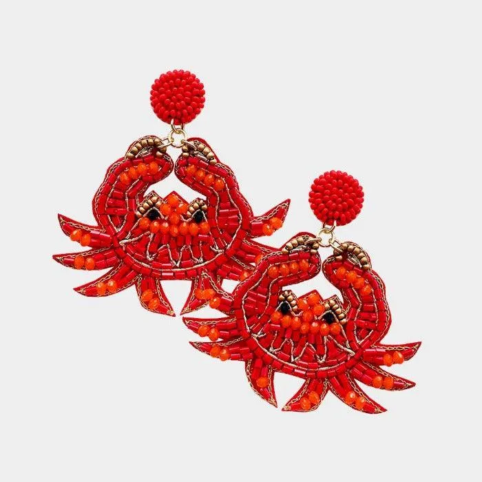 Crab Red Seed Beaded Dangle Earrings