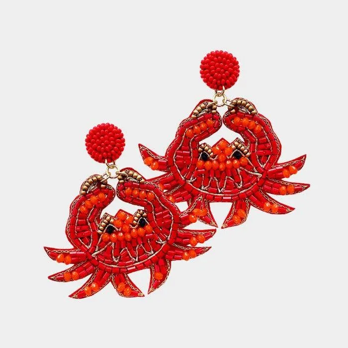 Crab Red Seed Beaded Dangle Earrings