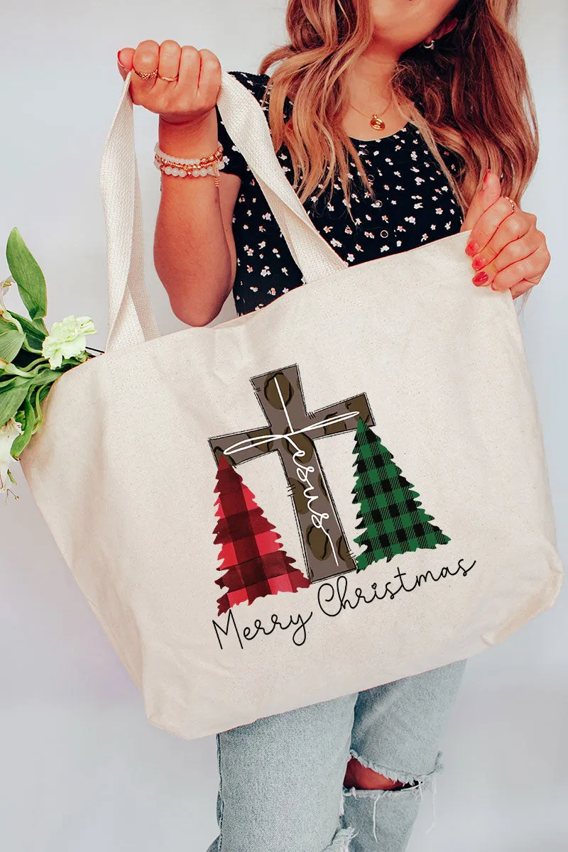 Cross Trees Merry Christmas Canvas Jumbo Tote