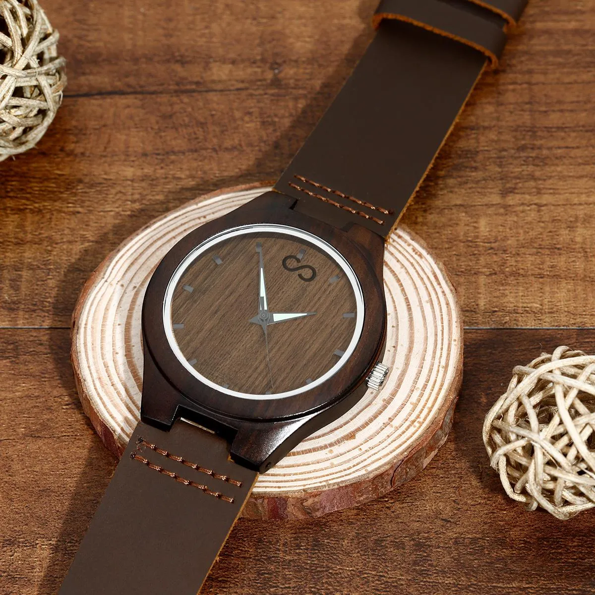 Custom Engraved Wooden Watch Leather Strap 45mm