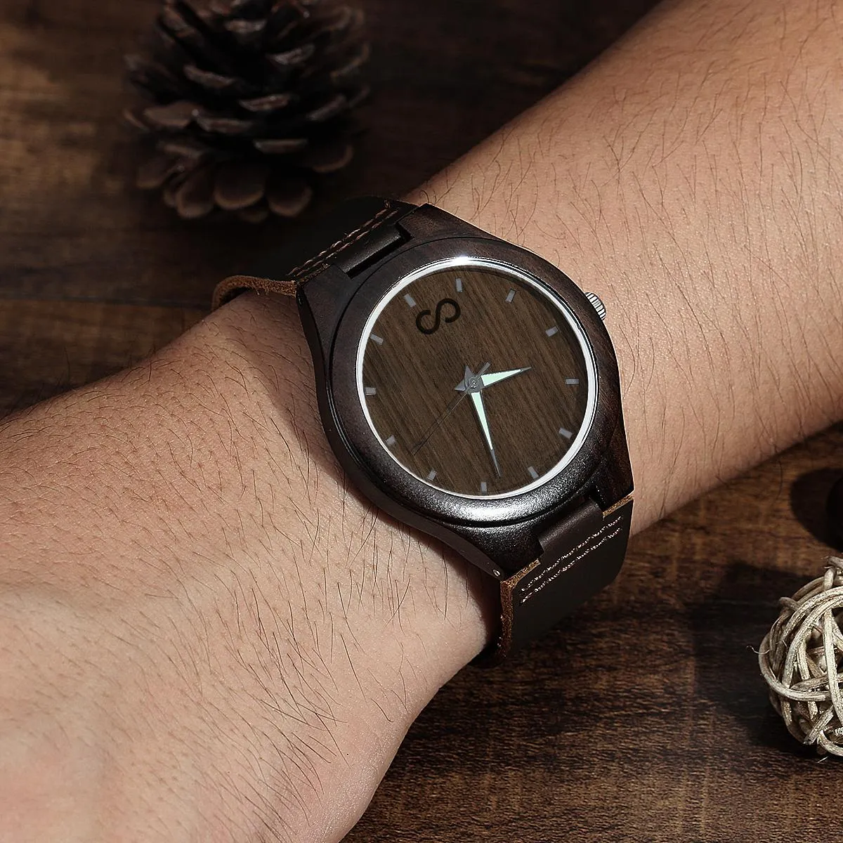 Custom Engraved Wooden Watch Leather Strap 45mm