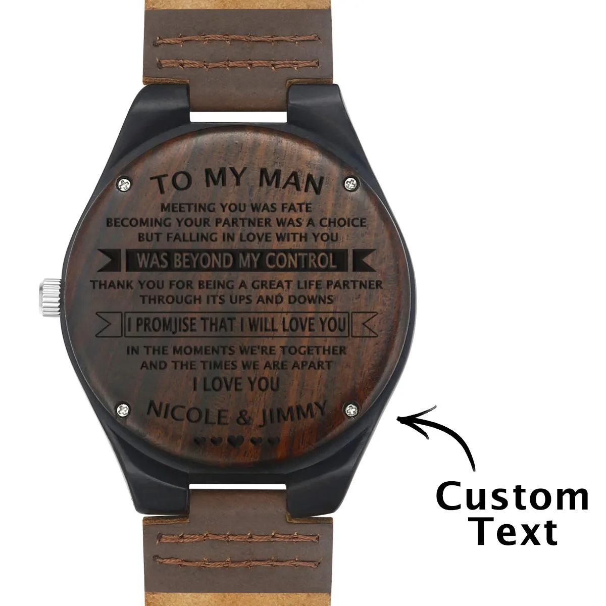 Custom Engraved Wooden Watch Leather Strap 45mm