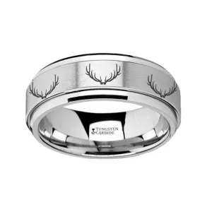 Deer Antlers Laser Engraved Tungsten Spinner Ring for Men with Step Edges - 8MM