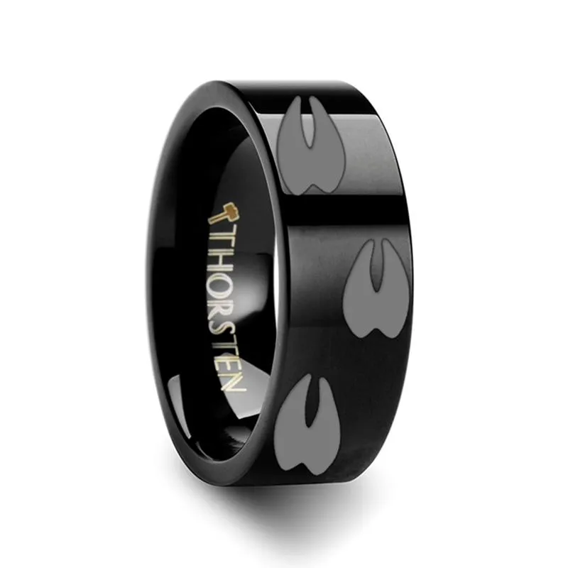 Deer Print Animal Track Engraved Flat Tungsten Couple Matching Wedding Ring