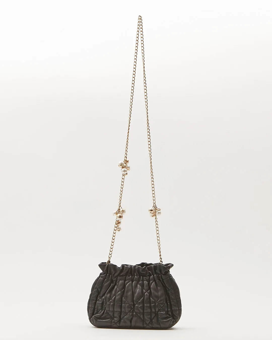 Dior Black Leather Cannage Pearl Detail Chain Small Bucket Crossbody Bag