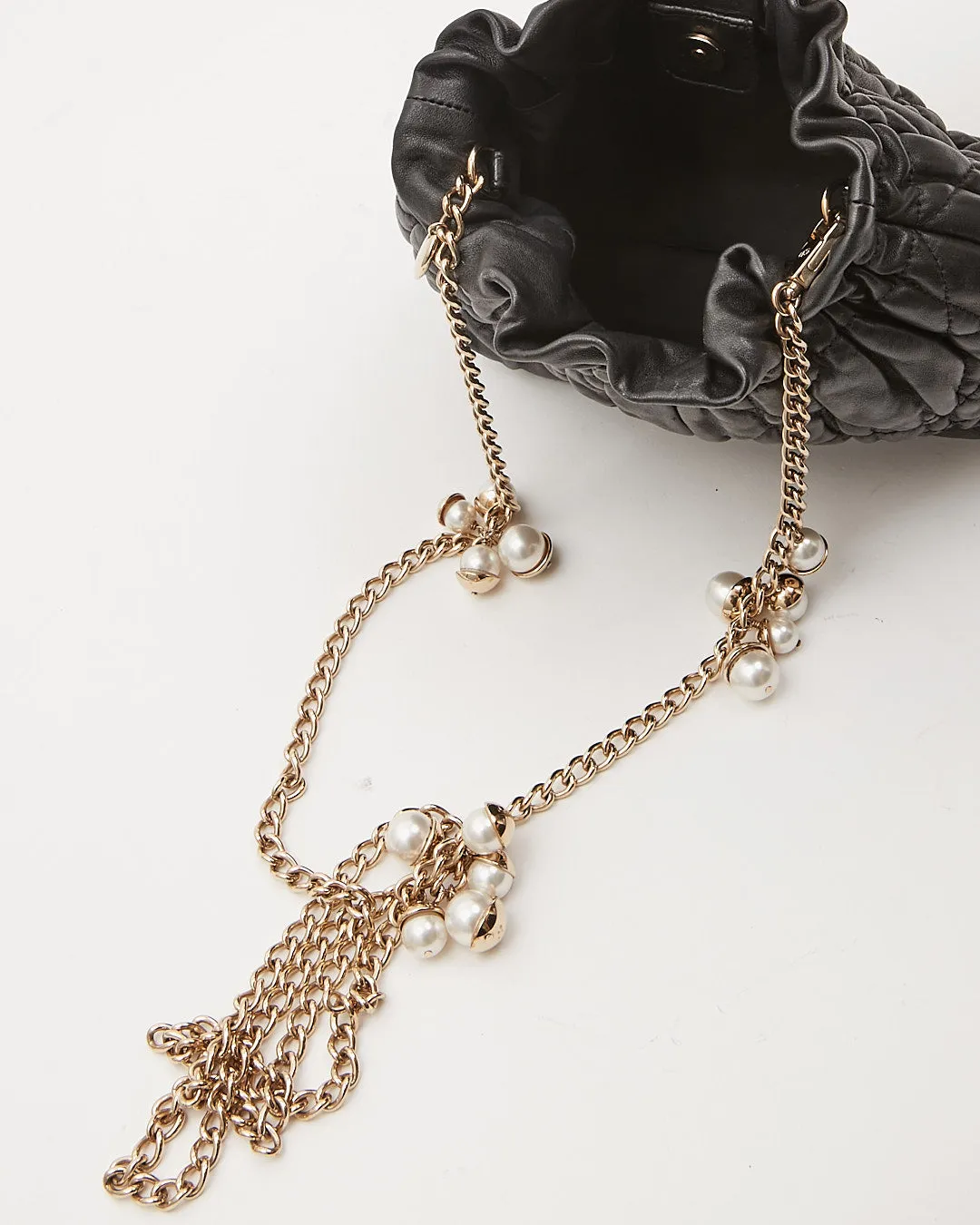 Dior Black Leather Cannage Pearl Detail Chain Small Bucket Crossbody Bag