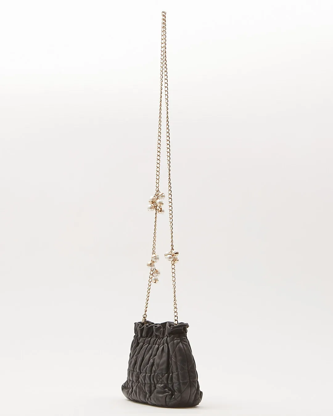 Dior Black Leather Cannage Pearl Detail Chain Small Bucket Crossbody Bag