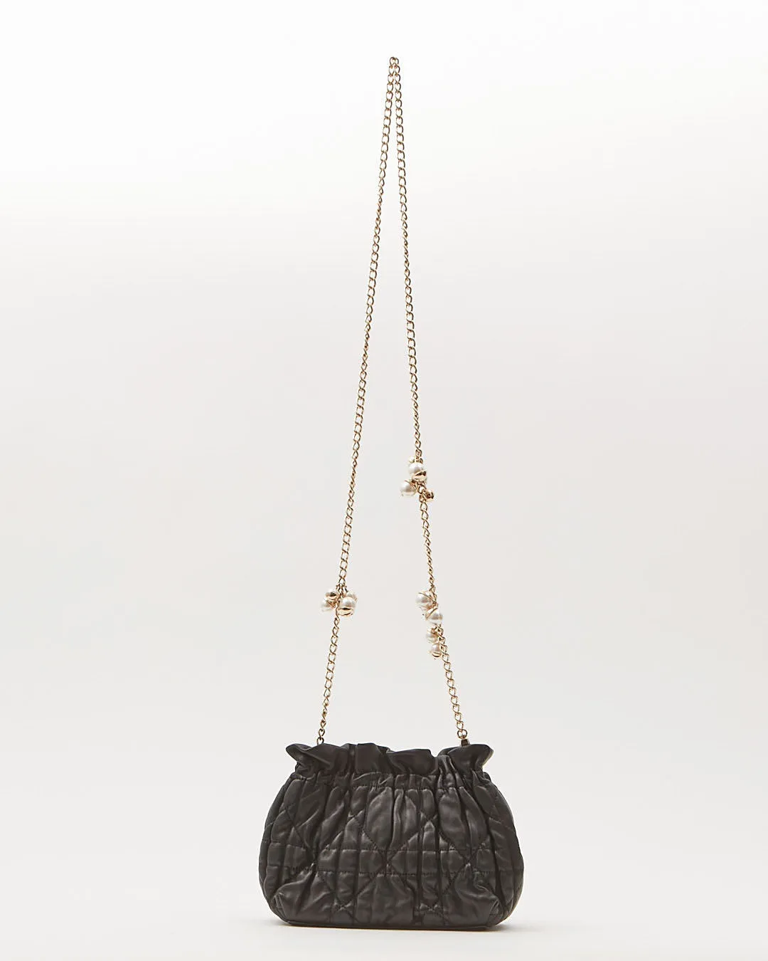 Dior Black Leather Cannage Pearl Detail Chain Small Bucket Crossbody Bag