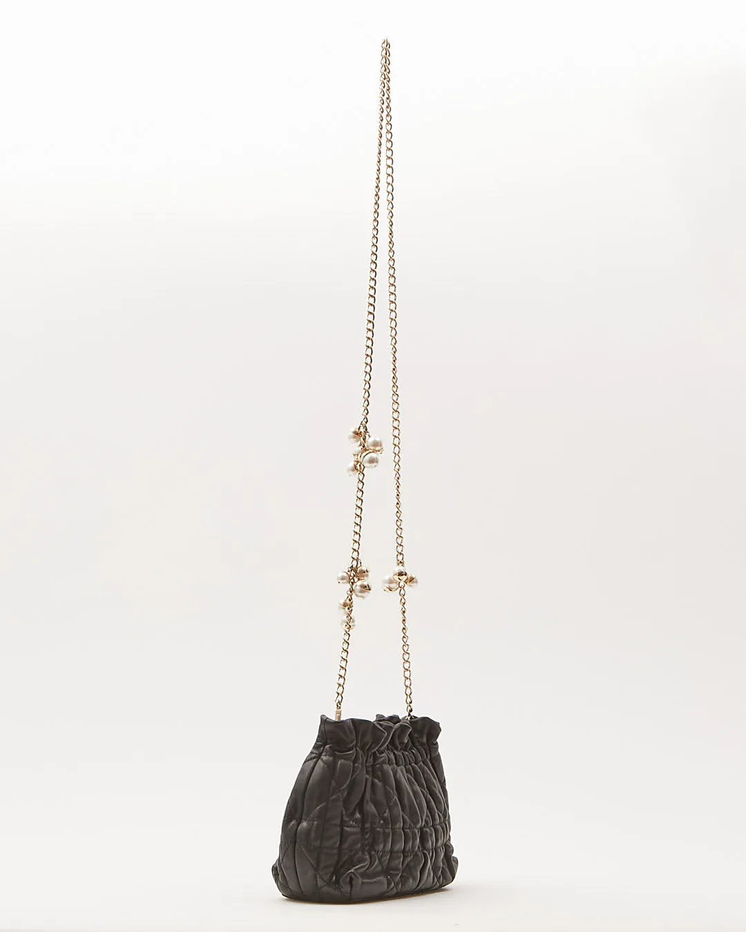 Dior Black Leather Cannage Pearl Detail Chain Small Bucket Crossbody Bag