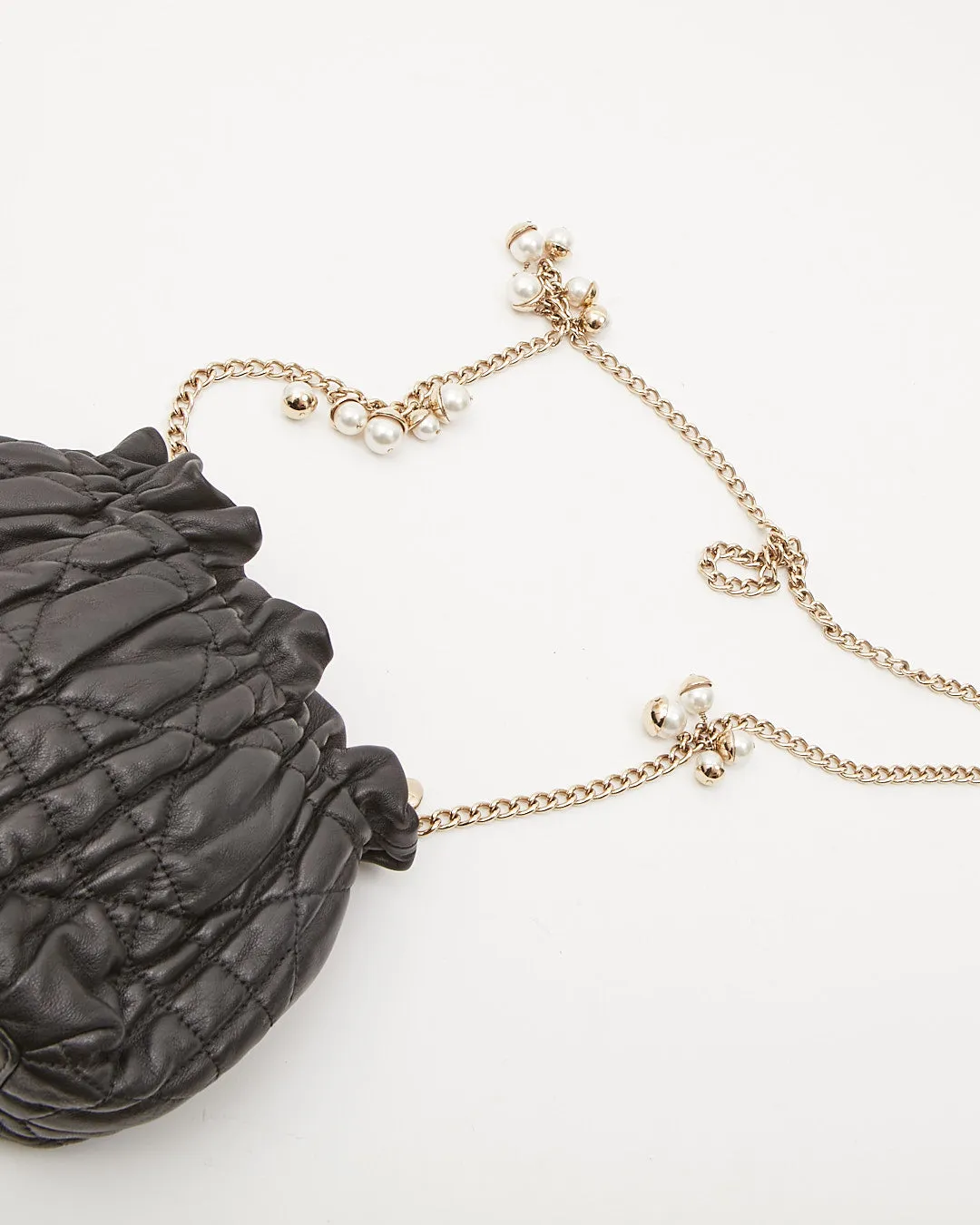 Dior Black Leather Cannage Pearl Detail Chain Small Bucket Crossbody Bag