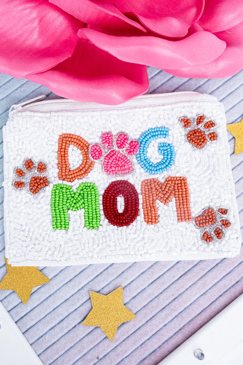 Dog Mom White Seed Bead Coin Purse