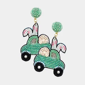 Easter Bunny Car Green Seed Beaded Dangle Earrings