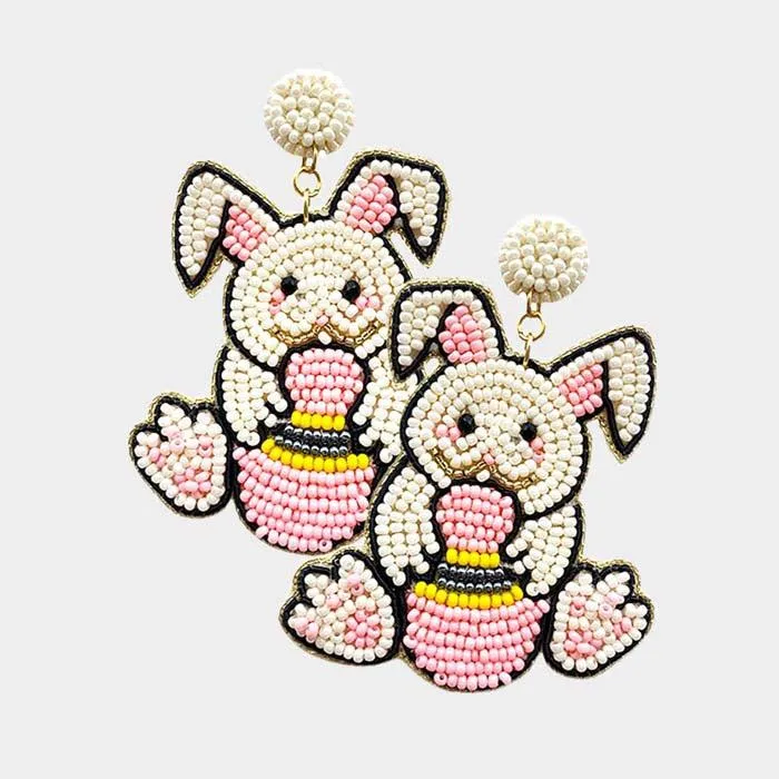 Easter Bunny Egg Pink Seed Beaded Dangle Earrings
