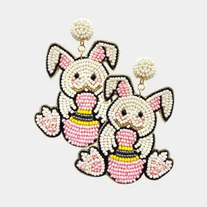 Easter Bunny Egg Pink Seed Beaded Dangle Earrings
