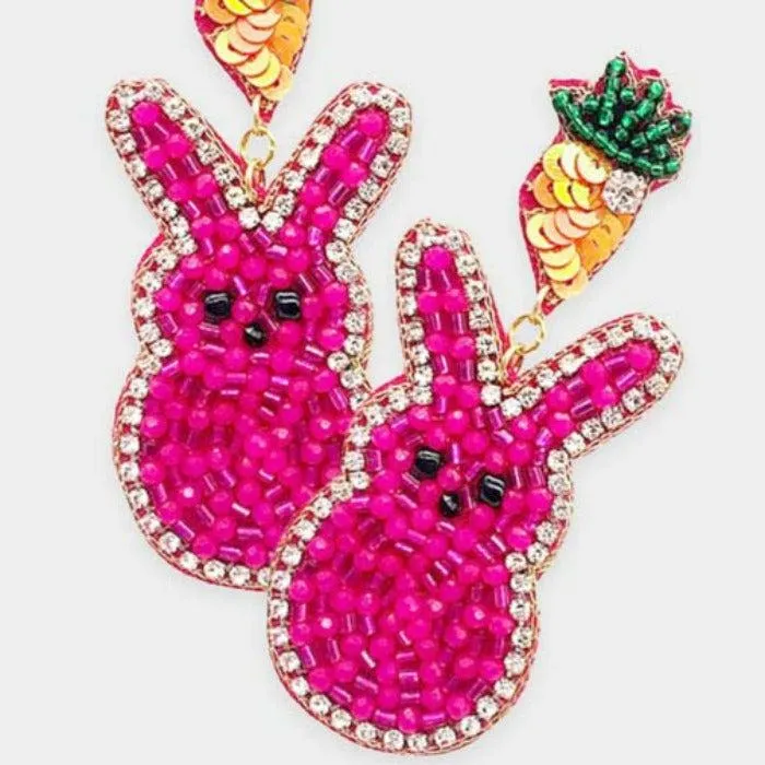 Easter Bunny Sequin Beaded Carrot Dangle Earrings