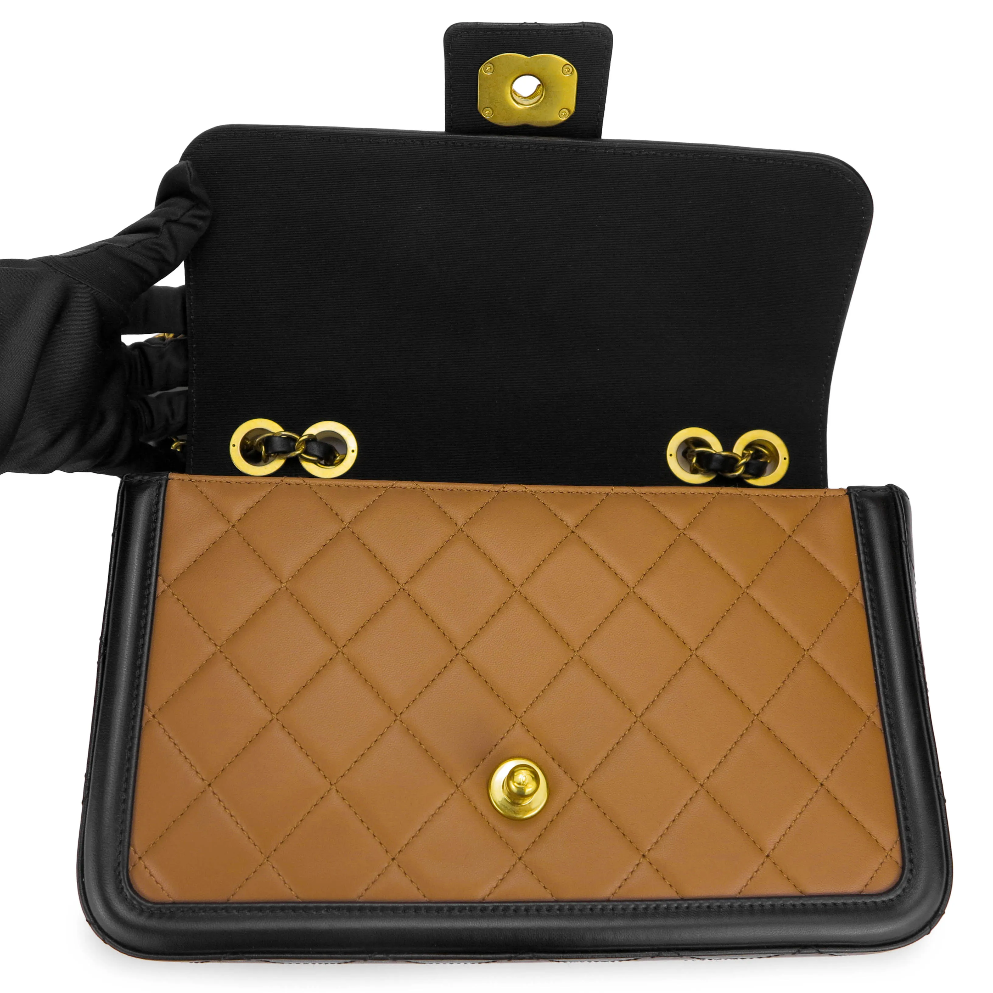 Elegant CC Medium Flap Bag in Caramel Black Lambskin