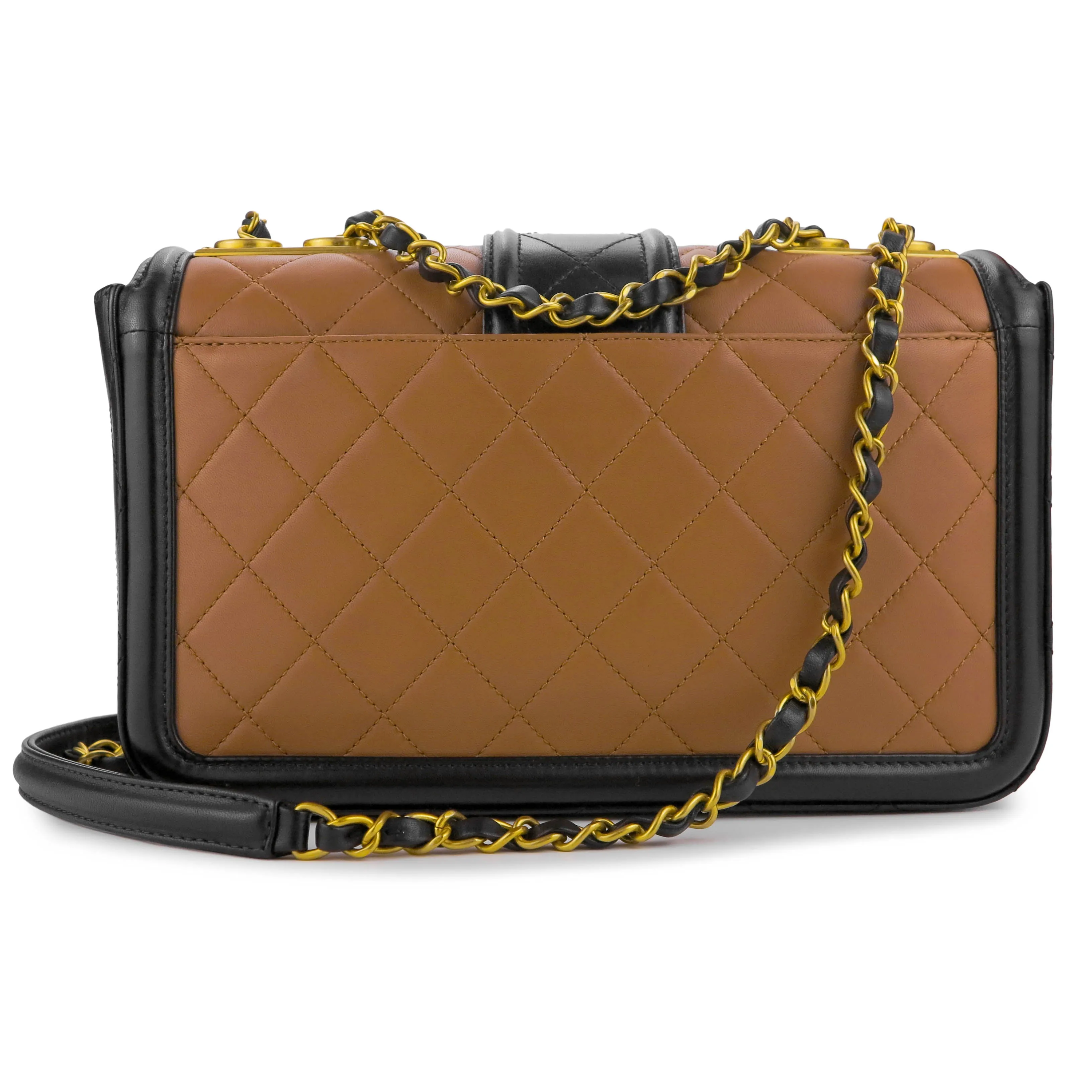 Elegant CC Medium Flap Bag in Caramel Black Lambskin