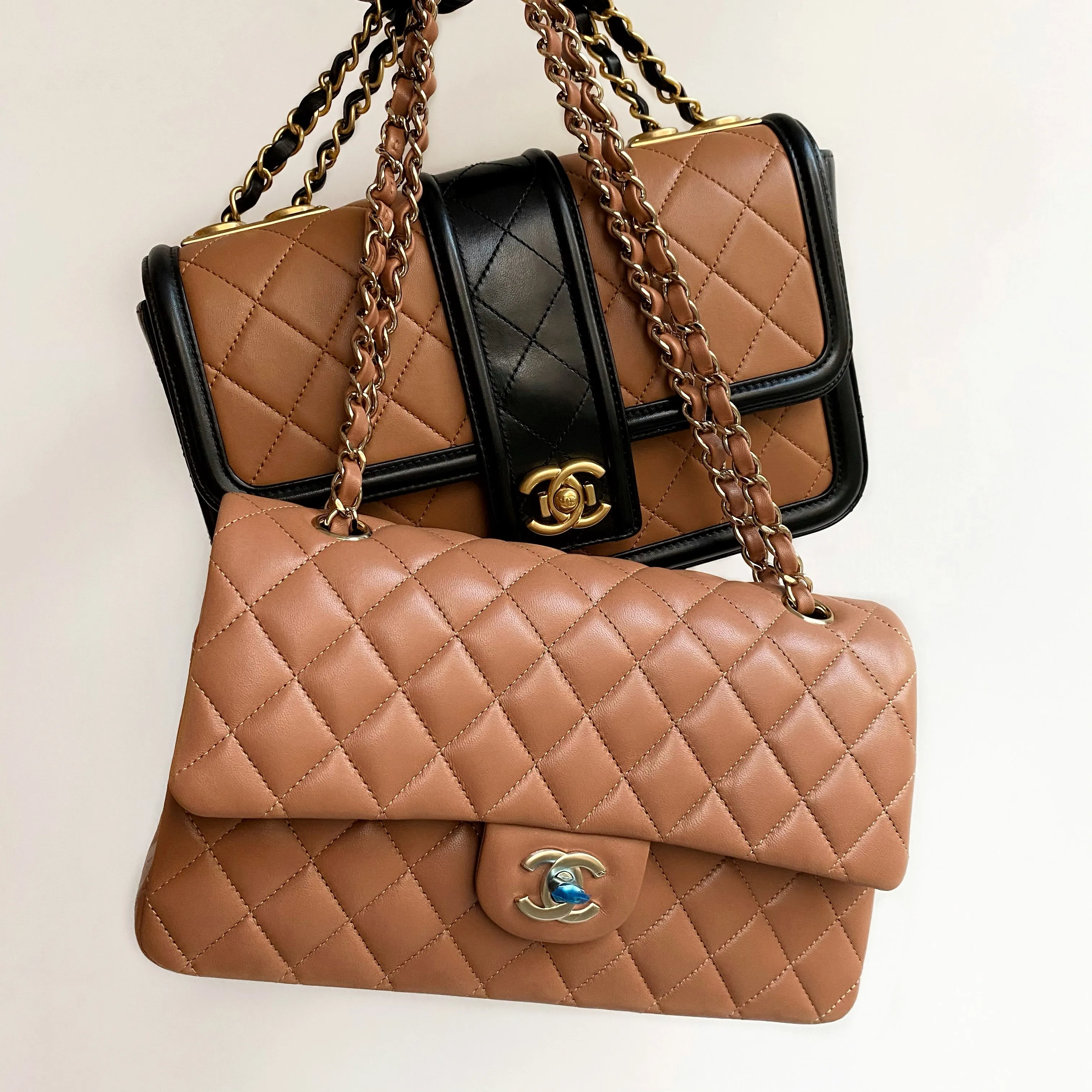 Elegant CC Medium Flap Bag in Caramel Black Lambskin
