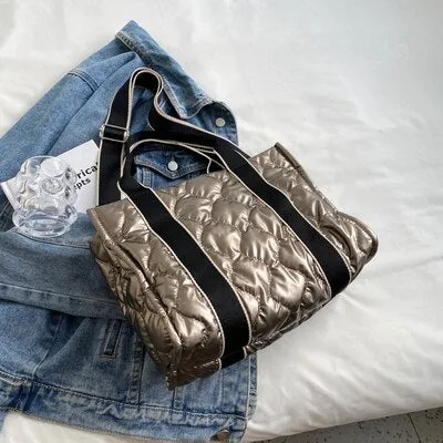 Embla Metallic Quilted Nylon Puffer Shopper Totes
