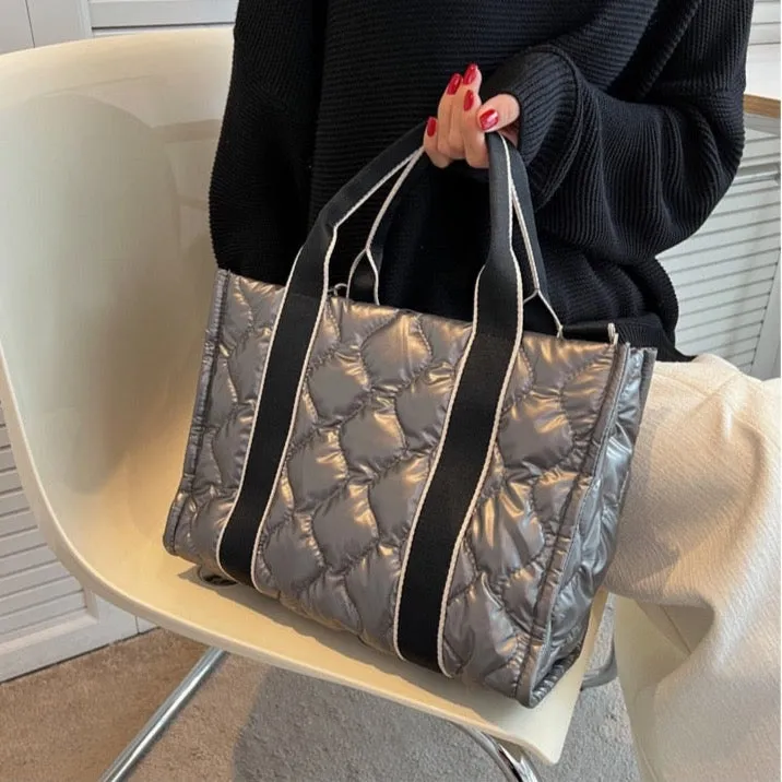 Embla Metallic Quilted Nylon Puffer Shopper Totes