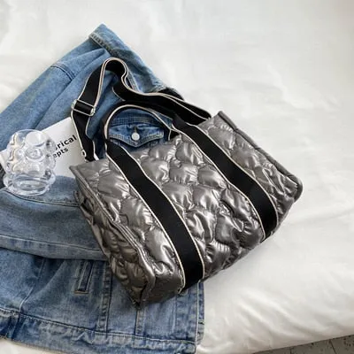 Embla Metallic Quilted Nylon Puffer Shopper Totes