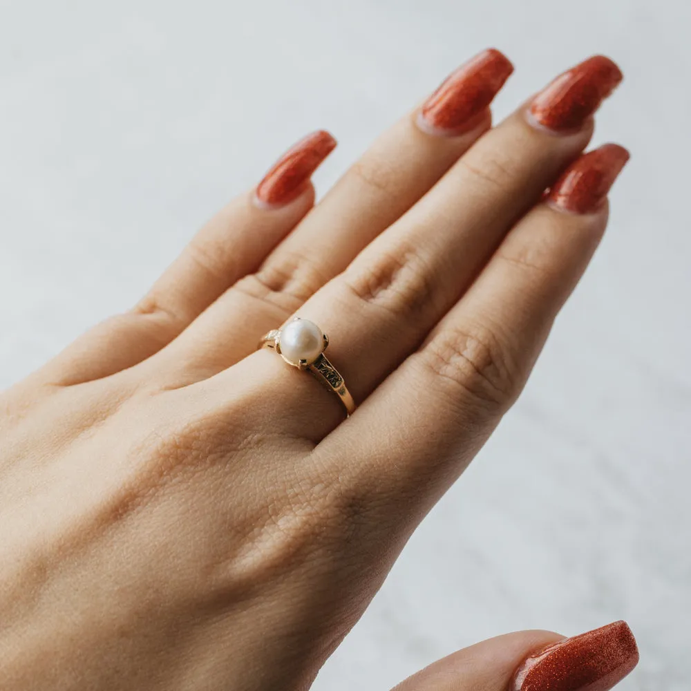 Engraved Akoya Pearl Solitaire Ring