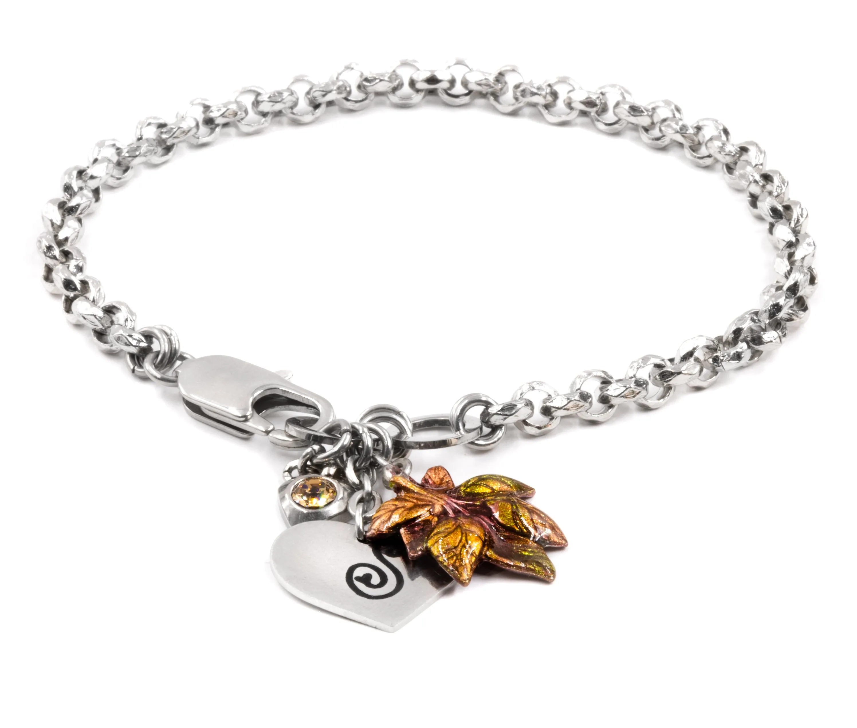 Engraved Autumn Leaves Charm Bracelet, with Monogram