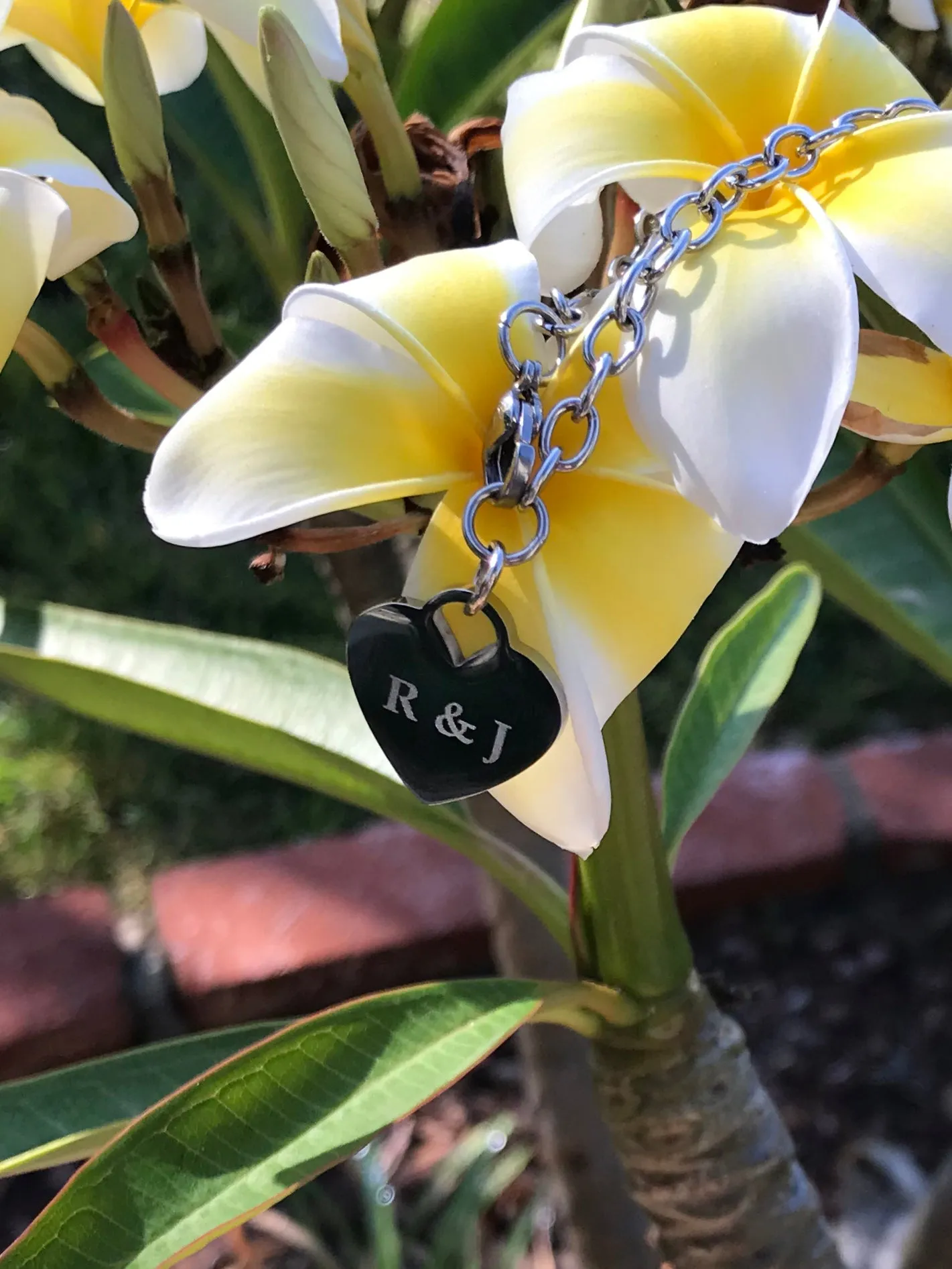 Engraved heart charm bracelet, stainless steel