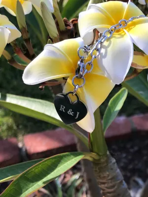 Engraved heart charm bracelet, stainless steel