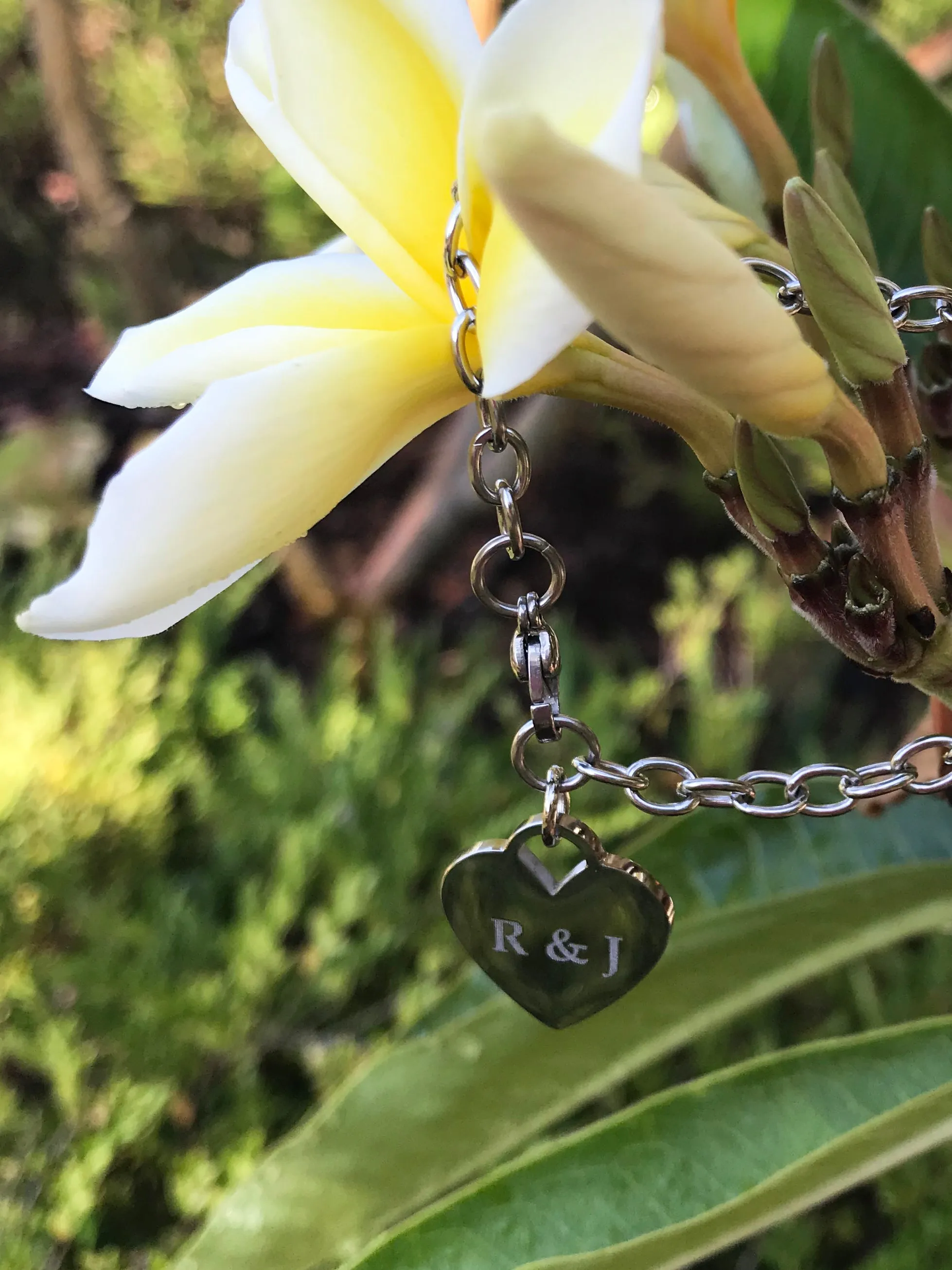 Engraved heart charm bracelet, stainless steel