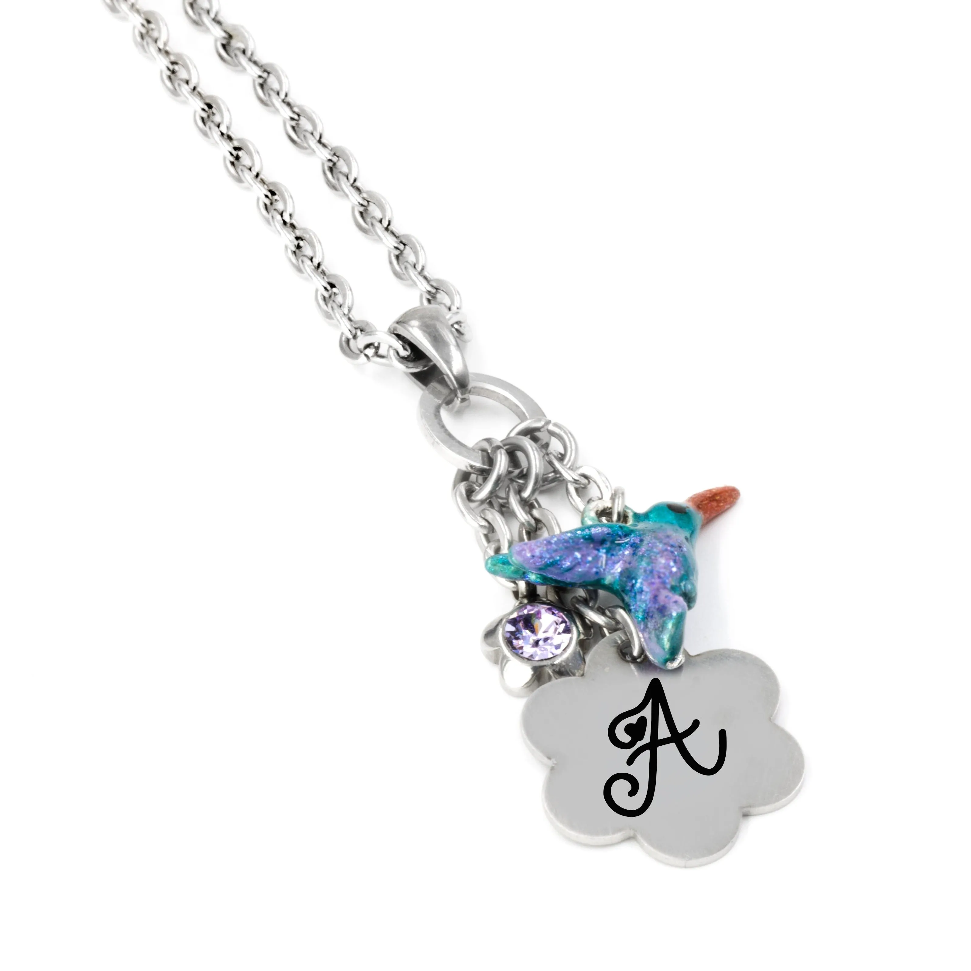Engraved Hummingbird Necklace with Personalized Initial