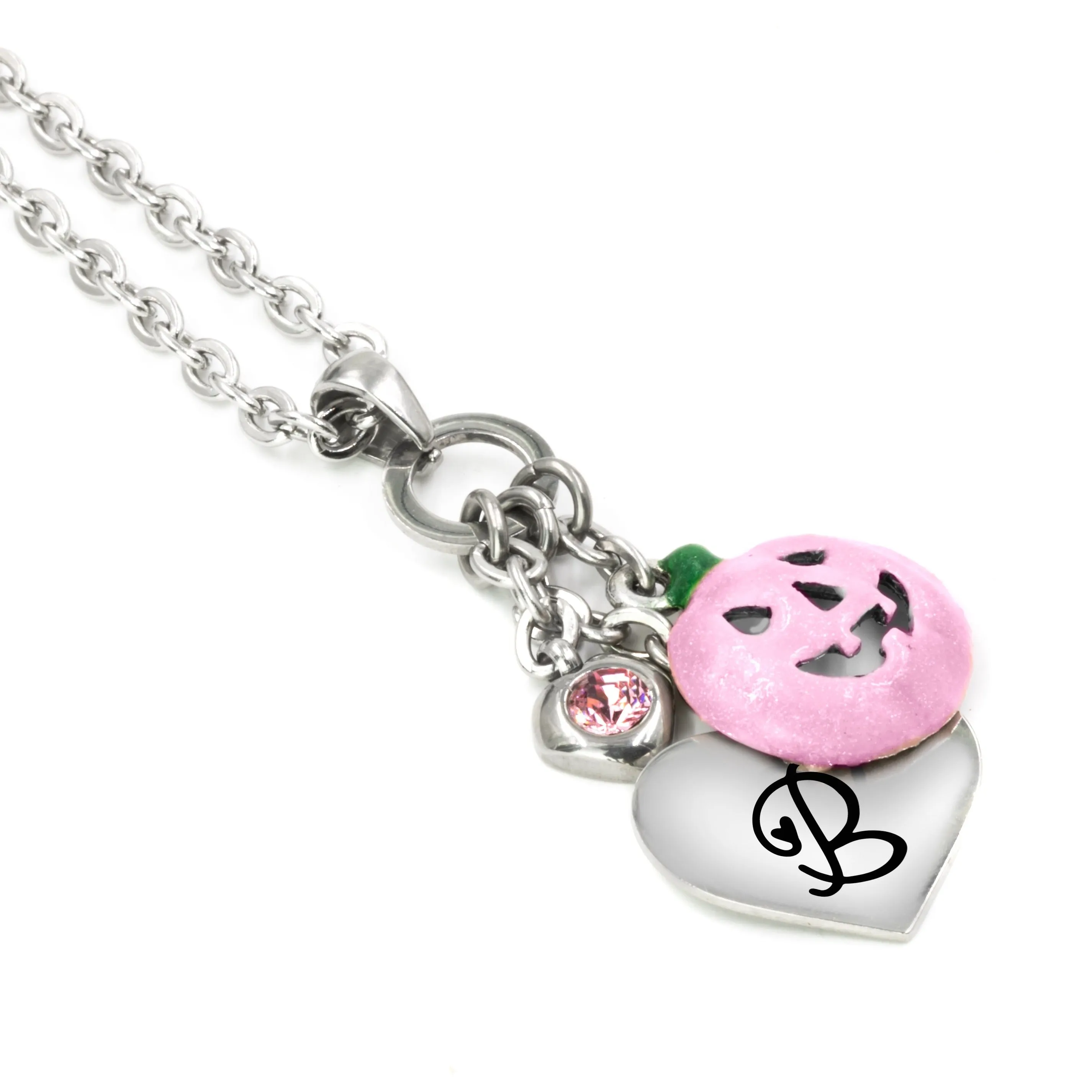 Engraved Pink Pumpkin Necklace with Personalized Initial