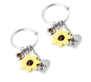 Engraved Silver Hoop Earrings with Sunflowers
