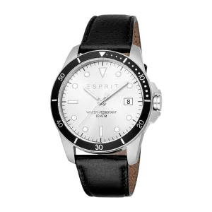 Esprit Leo III Gents White Dial Silver Stainless Steel Case Black Leather Strap Watch