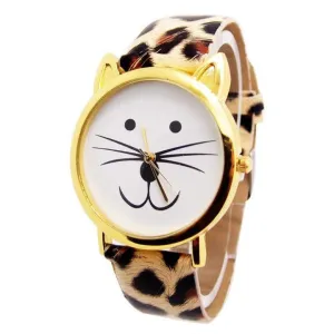 Fashion Women And Mens Lovely Cats Face Faux Leather Quartz Watch