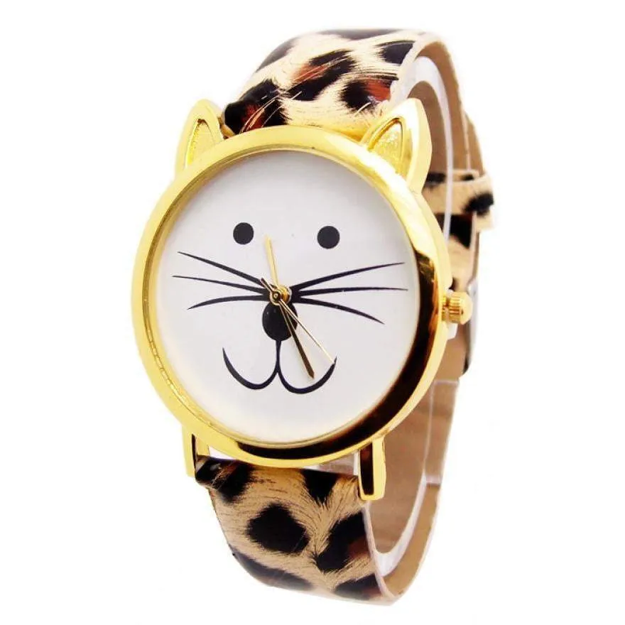 Fashion Women And Mens Lovely Cats Face Faux Leather Quartz Watch