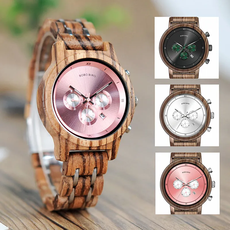 Fashion Women's Wood & Steel Watches in Wooden Gift Box Case - Silver,Black,Pink