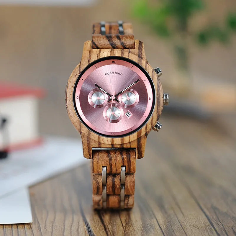 Fashion Women's Wood & Steel Watches in Wooden Gift Box Case - Silver,Black,Pink