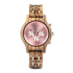 Fashion Women's Wood & Steel Watches in Wooden Gift Box Case - Silver,Black,Pink