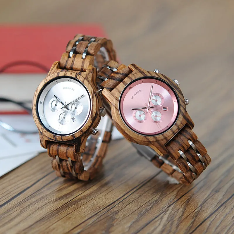 Fashion Women's Wood & Steel Watches in Wooden Gift Box Case - Silver,Black,Pink