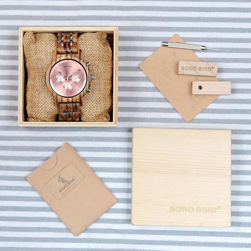 Fashion Women's Wood & Steel Watches in Wooden Gift Box Case - Silver,Black,Pink