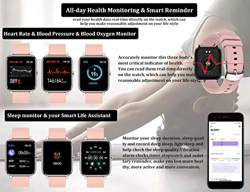 feifuns Smart Watch,1.4" LCD Full Touch Screen Fitness Tracker with Heart Rate/Blood Pressure/Blood Oxygen Monitor,Pedometer,Sleep Tracker,Waterproof Activity Tracker for Men/Women/Gift (Pink Band)